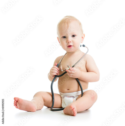 Photo: cute baby with stethoscope in hands cute baby with stethoscope in hands