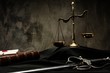 Scales, book and Sword of Justice on a judge's mantle Scales, book and Sword of Justice on a judge's mantle