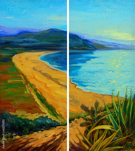 Illustration: sunset on the sea, painting by oil on canvas, illustration sunset on the sea, painting by oil on canvas, illustration