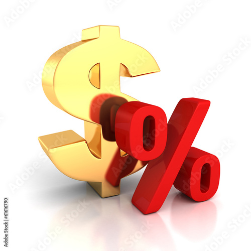Illustration: Big golden dollar symbol and red percent sign on white with refl Big golden dollar symbol and red percent sign on white with refl