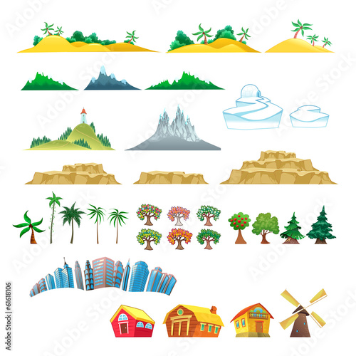 Vector: Set of trees, mountains, hills, islands and buildings. Set of trees, mountains, hills, islands and buildings.