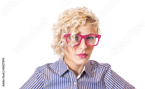 Photo: Close up of a strictly woman over white Close up of a strictly woman over white