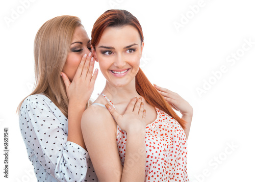 Photo: Two happy young girl friends talking or whispering Two happy young girl friends talking or whispering