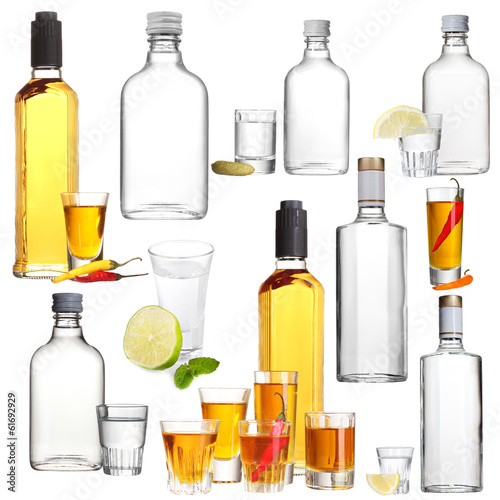 Photo: Collage of alcohol drinks. Vodka isolated on white Collage of alcohol drinks. Vodka isolated on white