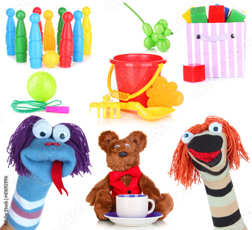 Photo: Collage of children toys isolated on white Collage of children toys isolated on white