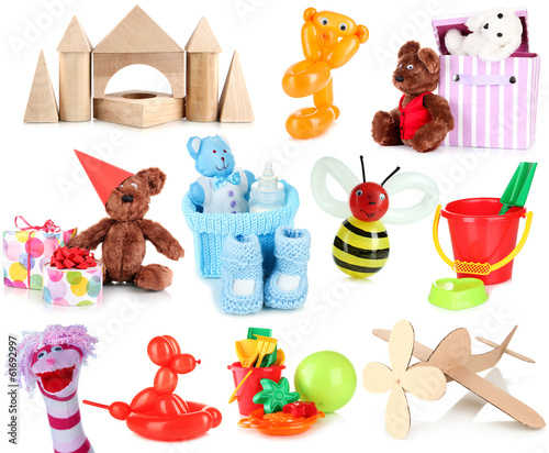 Photo: Collage of children toys isolated on white Collage of children toys isolated on white