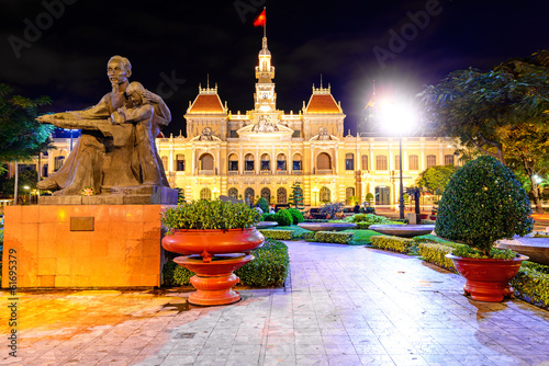 Photo: Scenic view of the Ho Chi Minh City Hall in Vietnam at night. Scenic view of the Ho Chi Minh City Hall in Vietnam at night.