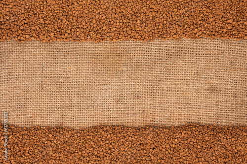 Photo: Granulated coffee lying on sackcloth Granulated coffee lying on sackcloth