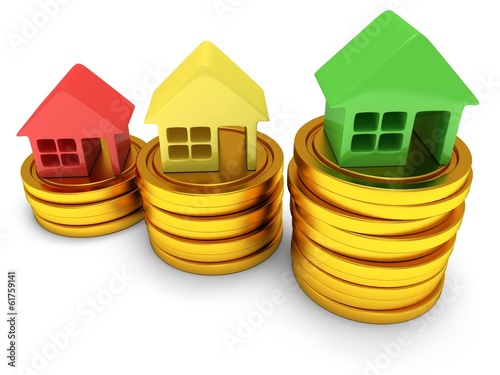 Illustration: Colored houses one stack of coins. 3d render. Colored houses one stack of coins. 3d render.