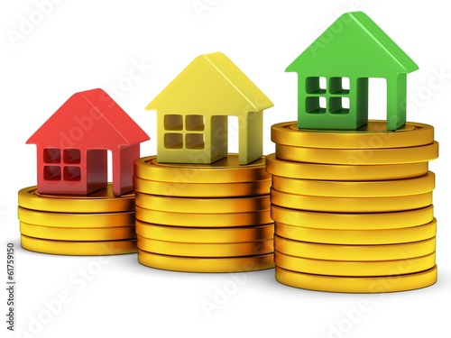 Illustration: Colored houses one stack of coins. 3d render. Colored houses one stack of coins. 3d render.