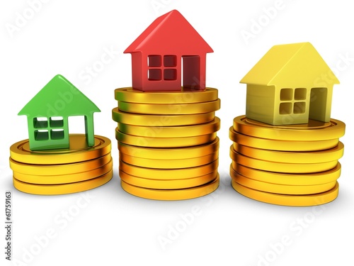 Illustration: Colored houses one stack of coins. 3d render. Colored houses one stack of coins. 3d render.