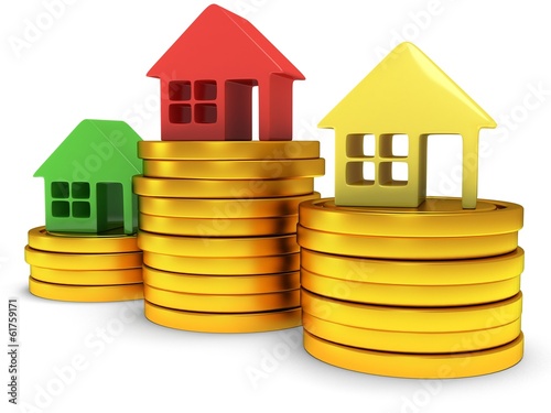 Illustration: Colored houses one stack of coins. 3d render. Colored houses one stack of coins. 3d render.