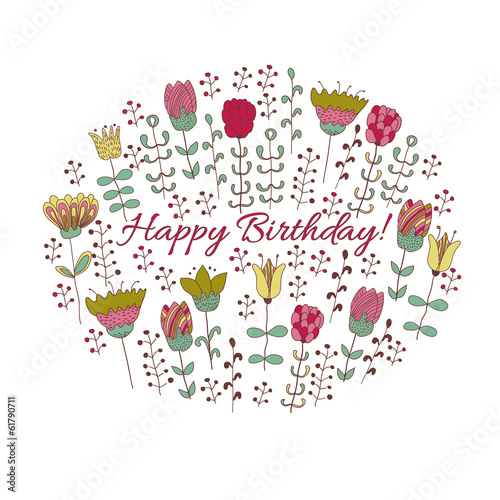 Vector: Happy birthday card with doodle flowers Happy birthday card with doodle flowers