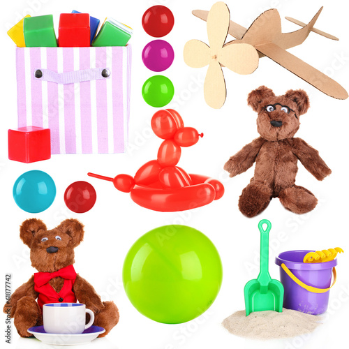 Photo: Collage of children toys isolated on white Collage of children toys isolated on white