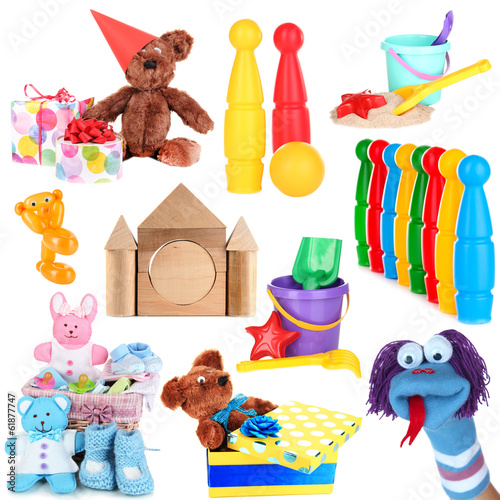Photo: Collage of children toys isolated on white Collage of children toys isolated on white