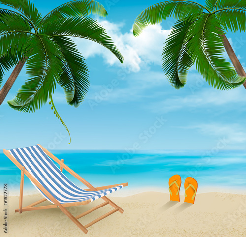 Vector: Beach with palm trees and beach chair. Summer vacation concept b Beach with palm trees and beach chair. Summer vacation concept b