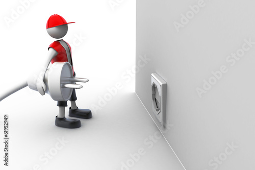 Illustration: 3d man carrying in his hand an electric plug. 3d man carrying in his hand an electric plug.