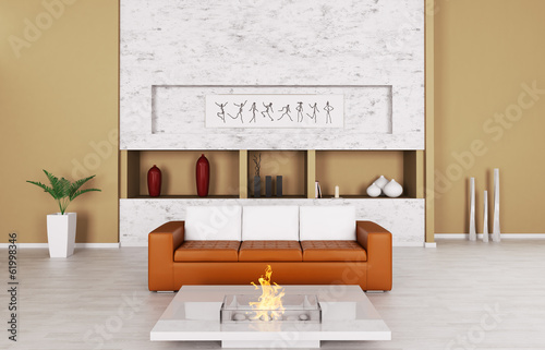 Illustration: Interior of a room with sofa and fireplace Interior of a room with sofa and fireplace