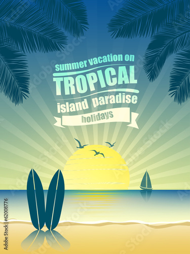 Vector: summer vacation on tropical island Sunset, with Palm trees summer vacation on tropical island Sunset, with Palm trees
