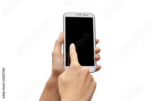 Photo: Woman hand using mobile phone touch screen on white background Woman hand using mobile phone touch screen on white background