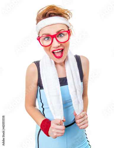 Photo: Surprised funny fitness woman ready for gym Surprised funny fitness woman ready for gym