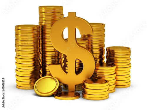 Illustration: 3D Dollar sign and golden coins on white 3D Dollar sign and golden coins on white