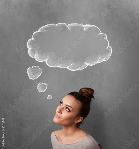 Photo: Thoughtful woman with cloud above her head Thoughtful woman with cloud above her head