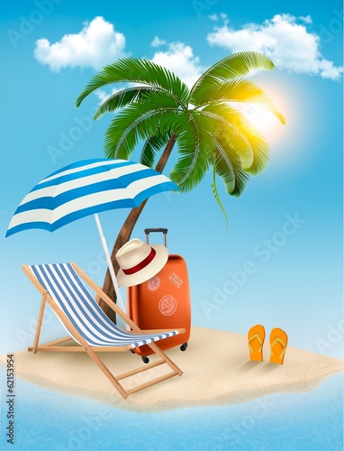 Vector: Seaside view with a palm tree, beach chair and parasol. Summer v Seaside view with a palm tree, beach chair and parasol. Summer v