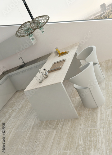 Photo: Modern light kitchen interior with stone floor Modern light kitchen interior with stone floor