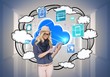 Stylish blonde using tablet pc with app icons and cloud Stylish blonde using tablet pc with app icons and cloud