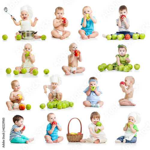 Photo: set of babies and kids eating apples, isolated on white set of babies and kids eating apples, isolated on white