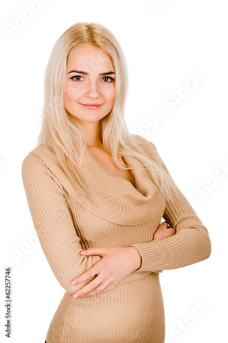 Photo: portrait of young woman on white background portrait of young woman on white background