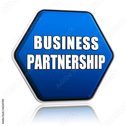Illustration: business partnership on blue hexagon banner business partnership on blue hexagon banner