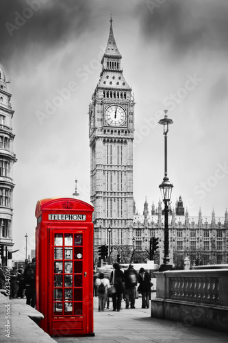  Red telephone booth and Big Ben in London, England, the UK.