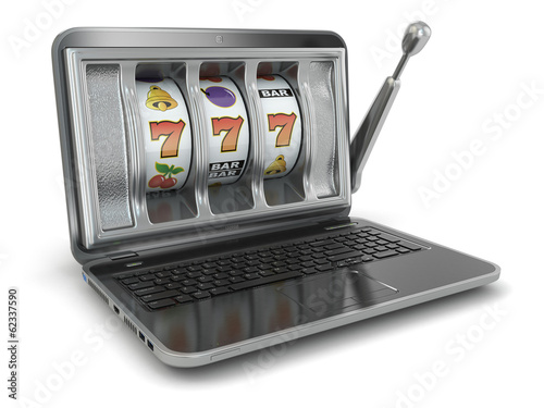 Illustration: Online gambling concept. Laptop slot machine Online gambling concept. Laptop slot machine