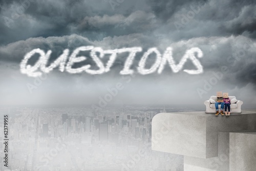 Photo: Questions against balcony overlooking city Questions against balcony overlooking city
