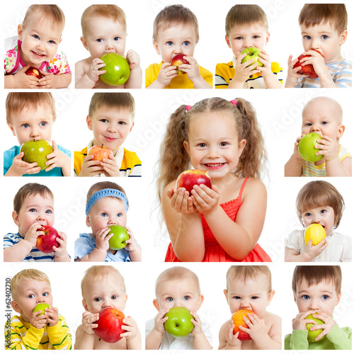 Photo: collection of babies and kids eating apples, isolated on white collection of babies and kids eating apples, isolated on white