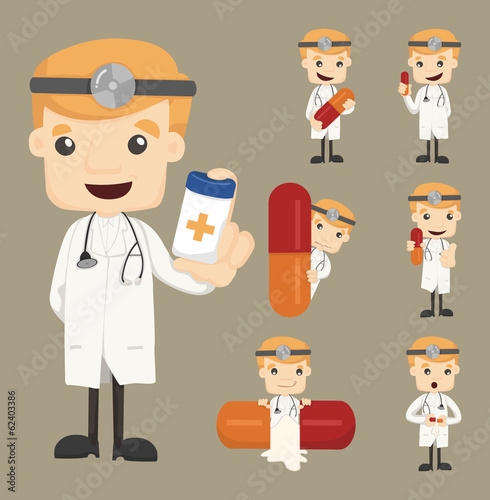 Vector: Set of doctor characters poses with the pill Set of doctor characters poses with the pill