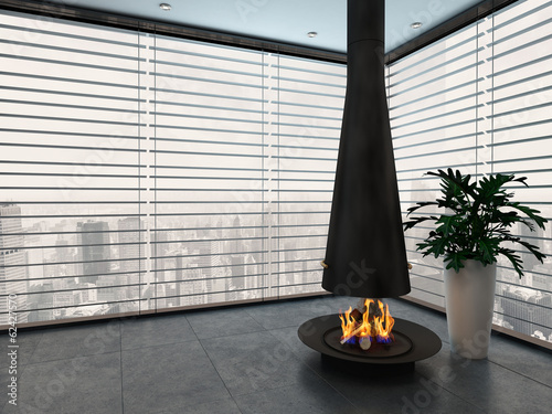 Illustration: Empty living room with modern fireplace Empty living room with modern fireplace