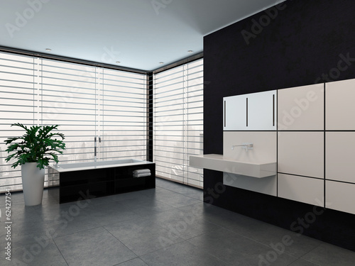 Illustration: Luxury modern black and white bathroom interior Luxury modern black and white bathroom interior