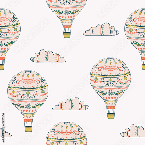 Vector seamless pattern with hot air balloons and clouds