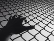 Hand holding wire fence in black and white Hand holding wire fence in black and white
