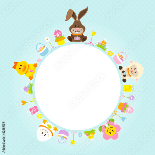 Vector: Easter Bunny & Friends Round Frame Retro Pastel Easter Bunny & Friends Round Frame Retro Pastel