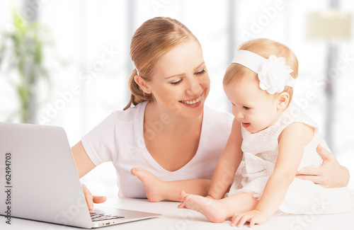 mother and baby at home using laptop computer