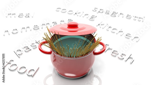 Illustration: Pot with spaghetti, various cooking related text around it Pot with spaghetti, various cooking related text around it