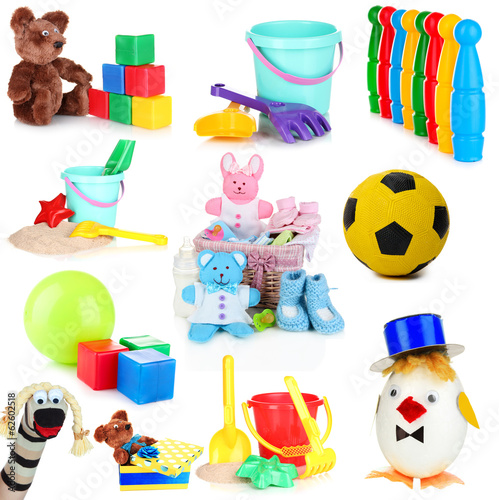 Photo: Collage of children toys isolated on white Collage of children toys isolated on white