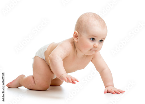 Photo: funny crawling baby isolated on white background funny crawling baby isolated on white background