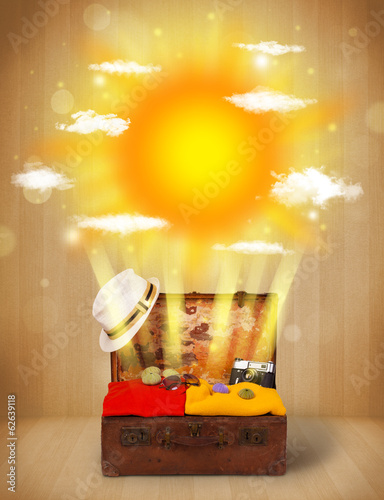 Photo: Summer bright sun with clouds and tourist bag Summer bright sun with clouds and tourist bag