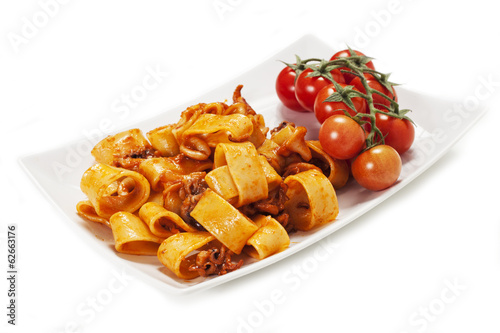 Photo: Pasta al sugo di pomodoro con calamari su sfondo bianco Pasta al sugo di pomodoro con calamari su sfondo bianco
