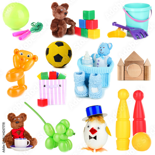 Photo: Collage of children toys isolated on white Collage of children toys isolated on white
